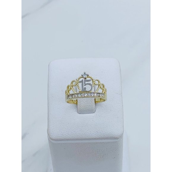 10k solid gold ring sweet 15 crown tiara quinceañera - Picture 1 of 5